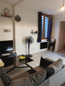 安锡Charmant appartement à 1 minute du lac的带沙发和桌子的客厅