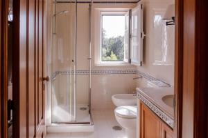 a bathroom with a shower and a toilet and a sink at Magnolia B&B in Leiria