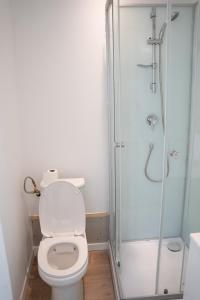 a bathroom with a toilet and a glass shower at TC Residences - Charmant Appartement in Saint-Quentin