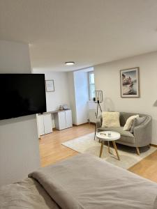 een woonkamer met een bank en een flatscreen-tv bij Ferienwohnung zwischen Hafen und Stadt in Bregenz