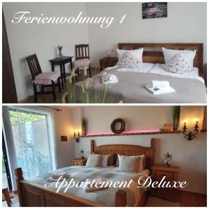 a bedroom with a bed and a dining room at Idylle am See in Zossen