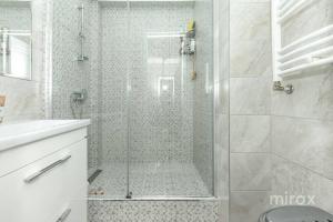 y baño con ducha y puerta de cristal. en Комфортабельная квартира на улице Василе Лупу en Chişinău