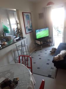 uma sala de estar com televisão e um cão deitado no chão em Apto Enseada Coral Gables no Guarujá