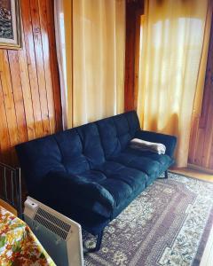 un sofá azul sentado en una sala de estar en Cabañas Armonía del Ranco, en Lago Ranco