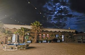 un edificio con palmeras delante de él por la noche en Complejo Rural El Soldado, en Villanueva del Duque