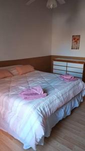a bedroom with a large bed with pink sheets at Mi casa, tu casa. Entre Plottier y Neuquen. in Neuquén