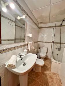 a bathroom with a sink and a toilet and a mirror at APARTAMENTO SANMIGUEL CENTRO in Córdoba