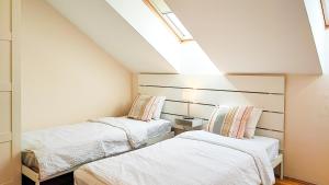 two beds in a attic room with a skylight at FilinHome Papa Suite 5 in Novi Sad
