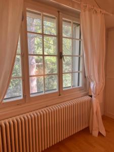 Le Cottage في Vésenaz: مشعاع في غرفة بها نافذتين