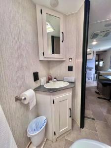 a bathroom with a sink and a toilet and a mirror at Camper de Camaseyes in Aguadilla