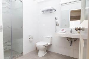 a white bathroom with a toilet and a shower at Hotel San Blas in Lima