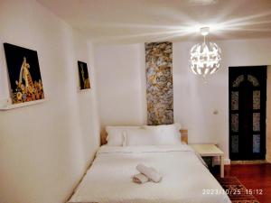 a bedroom with a bed and a chandelier at CASTEL RESIDENCE in Braşov