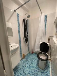 baño con aseo negro y lavamanos en Bastille Cosy Flat Paris, en París