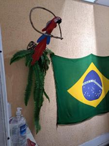 a parrot hanging on a wall with a flag at Botafogo Guesthouse in Rio de Janeiro