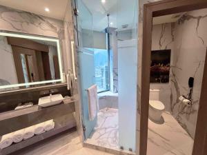 La salle de bains est pourvue d'une douche, d'un lavabo et de toilettes. dans l'établissement Safi Royal Luxury Metropolitan, à Monterrey