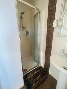 a shower with a glass door next to a sink at A Perfect homestay near Belfast in Ballyclare