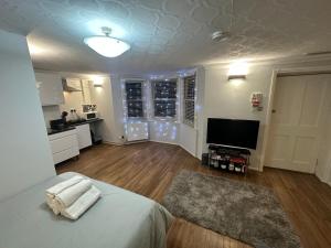a bedroom with a bed and a flat screen tv at Studio Room In Brighton in Brighton & Hove
