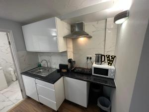 a small kitchen with a sink and a microwave at Studio Room In Brighton in Brighton & Hove