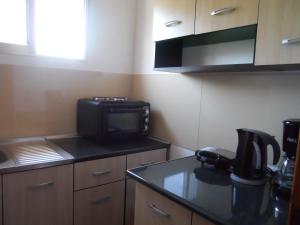 a small kitchen with a microwave and a stove at Prinos Mare in Prinos