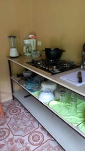 a kitchen shelf with a stove and other kitchen items at Surf Shack Room #3 in Pavones +1 photo