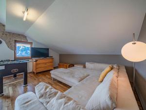 - un salon avec un grand canapé et une télévision dans l'établissement Flicklhof XL, à Hopfgarten im Brixental