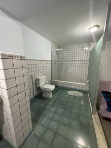 uma casa de banho com WC e paredes em azulejo em Studio Jardim em Pindamonhangaba