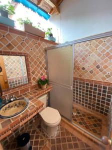 een badkamer met een toilet, een douche en een wastafel bij Mi casita “Chinco” estrellas in Zapatoca