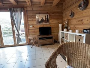 a living room with a television in a log cabin at Gîte Anould, 4 pièces, 6 personnes - FR-1-589-49 in Anould