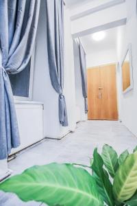 an empty room with blue curtains and a door at Modern Double room HN in Vienna