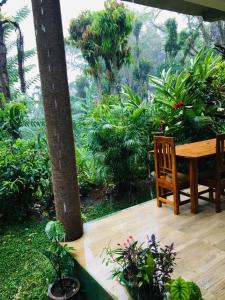a wooden table and chair on a porch with plants at Green Mountain Villa in Ella