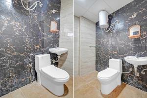 two pictures of a bathroom with a toilet and a sink at Collection O Hotel Emara Inn Near Ascendas Park Square Mall in Bangalore