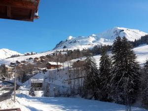 una montaña cubierta de nieve con árboles y un lodge de esquí en Chalet Le Grand-Bornand, 7 pièces, 12 personnes - FR-1-467-121 en Le Grand-Bornand