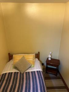 a small bedroom with a bed and a table at Hospedaje klickmann in Temuco