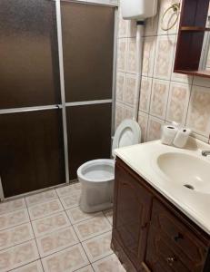 a bathroom with a toilet and a sink and a shower at Apartamento 03 br 290 restaurante Le Sorelle in Rosário do Sul