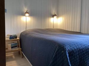 ein Schlafzimmer mit einem blauen Bett mit zwei Lampen darauf in der Unterkunft 4 person holiday home in Blokhus-By Traum in Blokhus