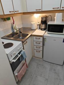 una pequeña cocina con fogones y fregadero en Nest Hostel, en Turku
