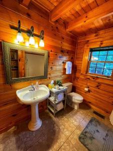 a bathroom with a sink and a toilet in a cabin at Smokey Mountain Retreat in Waynesville