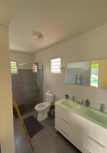 La salle de bains est pourvue d'une baignoire, de toilettes et d'un lavabo. dans l'établissement Évasion tropicale Villa de rêve avec piscine à Petit Bourg, à Petit-Bourg