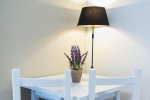a table with a lamp and a vase of flowers on it at Vila Viktória - Apartmán Viktória 2 in Ružomberok +27 photos