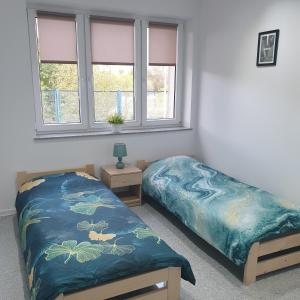 a bedroom with two twin beds and a window at Noclegi - Pokoje - STEMPO in Skarżysko-Kamienna