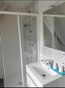 een witte badkamer met een douche en een wastafel bij Gite entre Paimpol et Erquy. Proche palais des congrès in Ploufragan