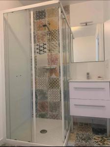 W łazience znajduje się prysznic ze szklanymi drzwiami. w obiekcie Gite entre Paimpol et Erquy. Proche palais des congrès w mieście Ploufragan