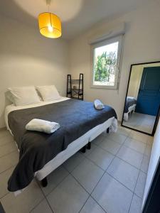 um quarto com uma cama grande e um espelho em Charmant Appartement Terrasse, Calme et Confort em Avignon