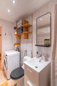 a bathroom with a washing machine and a sink at Nordic Gem near railway station, free parking and wifi in Rovaniemi