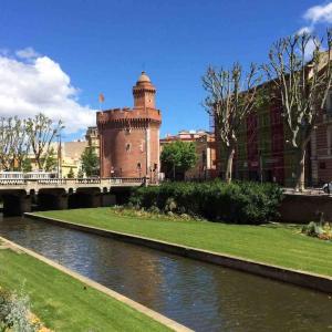 uma ponte sobre um rio numa cidade com um edifício em Appartement « Le Mont Alba » em Perpignan