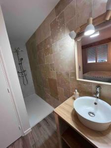 uma casa de banho com um lavatório e um chuveiro em Appartement « Le Mont Alba » em Perpignan