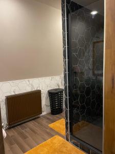 una ducha con puerta de cristal en una habitación en Cense au Bois en Saint-Amand-les-Eaux