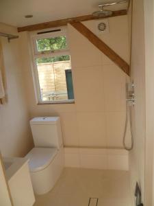 a bathroom with a toilet and a window at Little Oak - Double (Kingsize) Self Contained Oak Studio - Sleeps 2 in Chiddingfold
