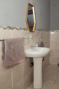 新堡的住宿－Arecavilla guesthouse，一间带水槽、镜子和毛巾的浴室