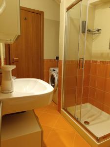 uma casa de banho com um lavatório e um chuveiro em Alba Apartments L'Aquila em LʼAquila